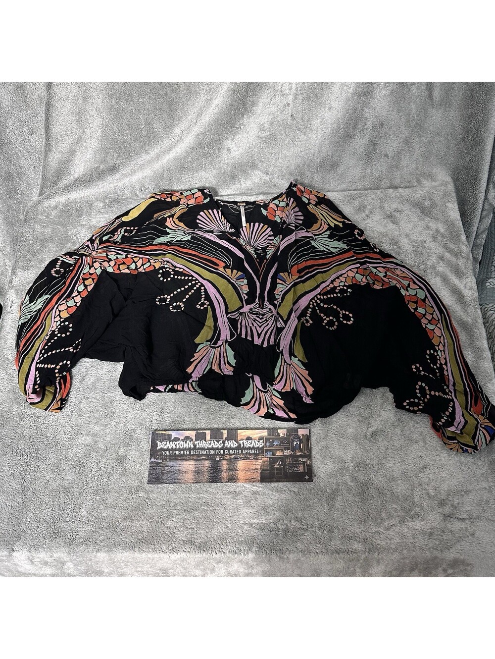 Free People Black Tropical Floral Dress Large G Boho Retro Festival Mini Tunic